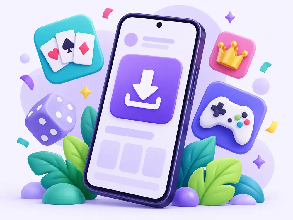 Illustrated smartphone with APK download, game and guide cards